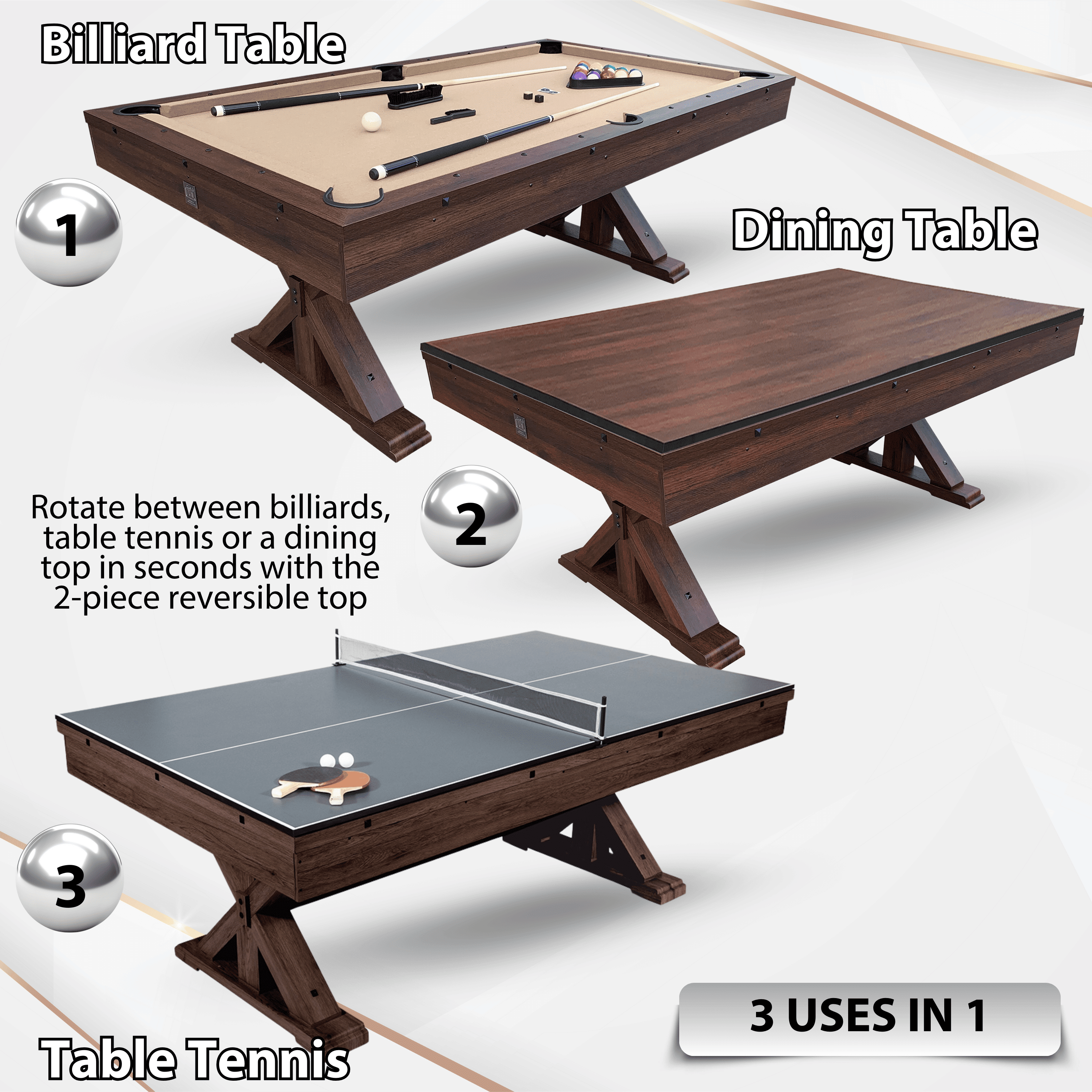 Espresso 7Ft 3 in 1 Multi Game Pool Table with Dining and Table Tennis Tops - RB4050A