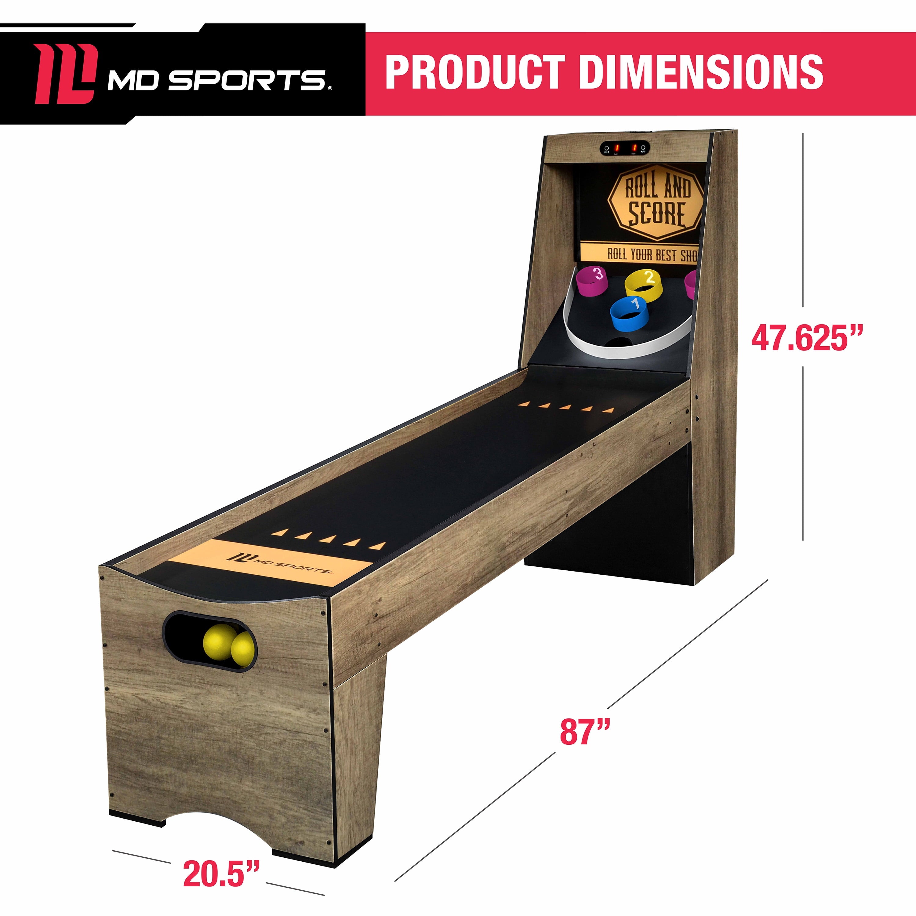 7.3 Ft. Roll and Score 2-Player Arcade Game with Electronic Scoring and Ball Return System, Brown, by