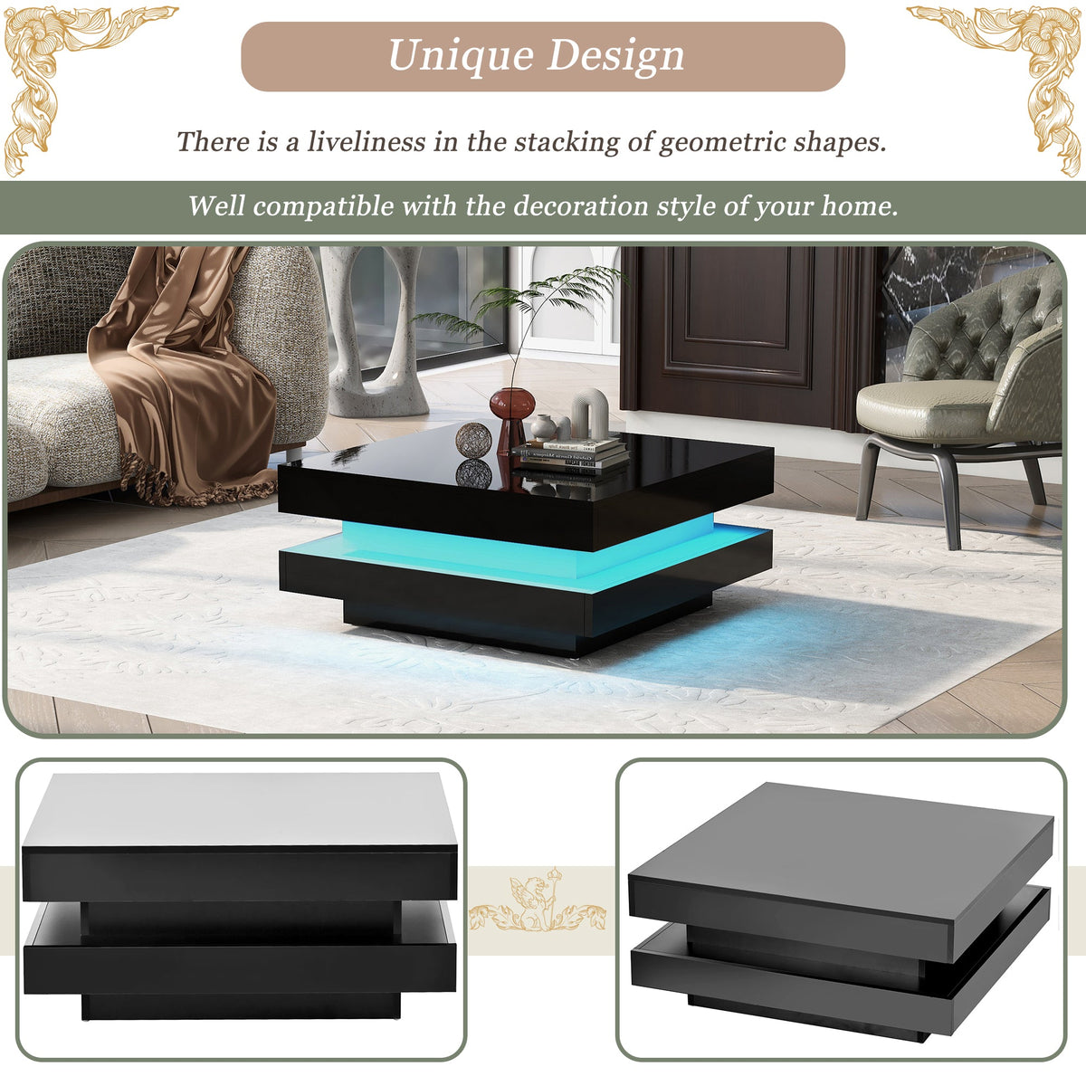 ON-TREND High Gloss Minimalist Design with LED Lights 2-Tier Square Coffee Table Black