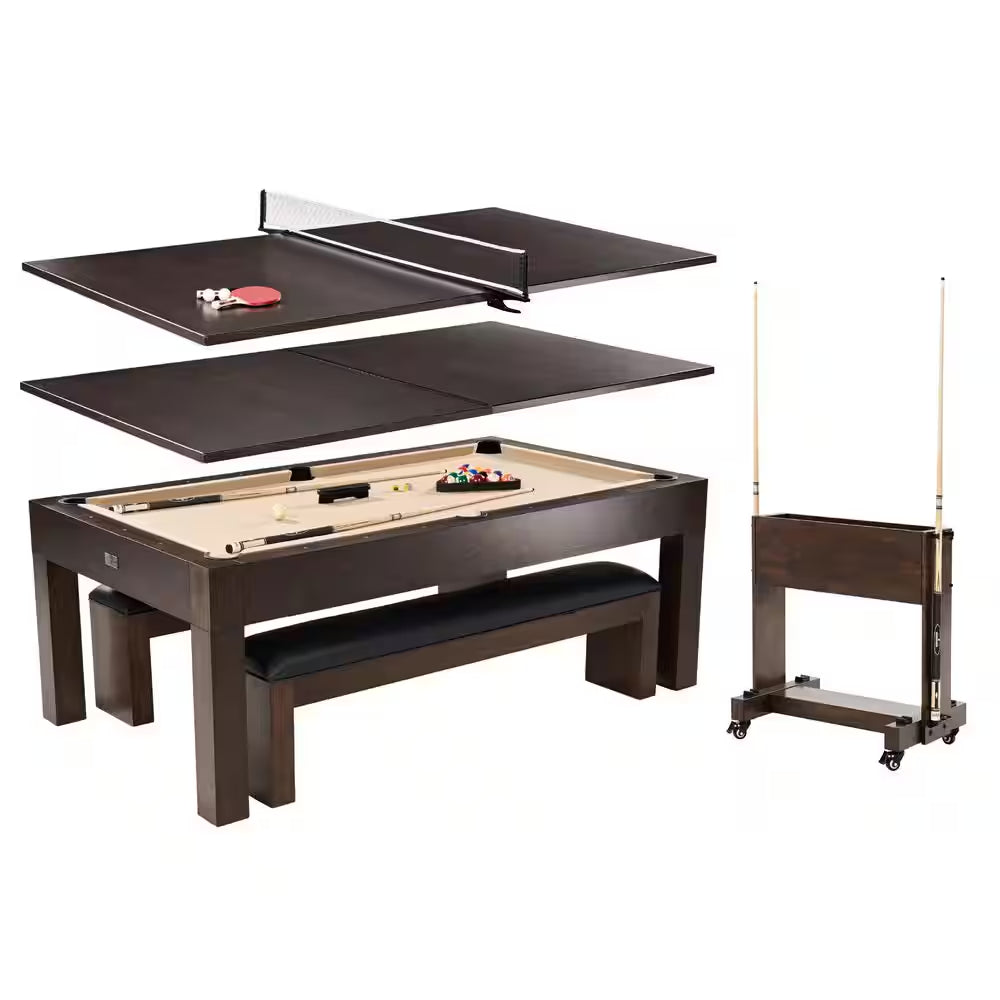 Monteray 7.5 Ft Slate-Tech Pool Table 3-In-1 with Billiards, Table Tennis and Dining Tops, Accessories, Storage Cart