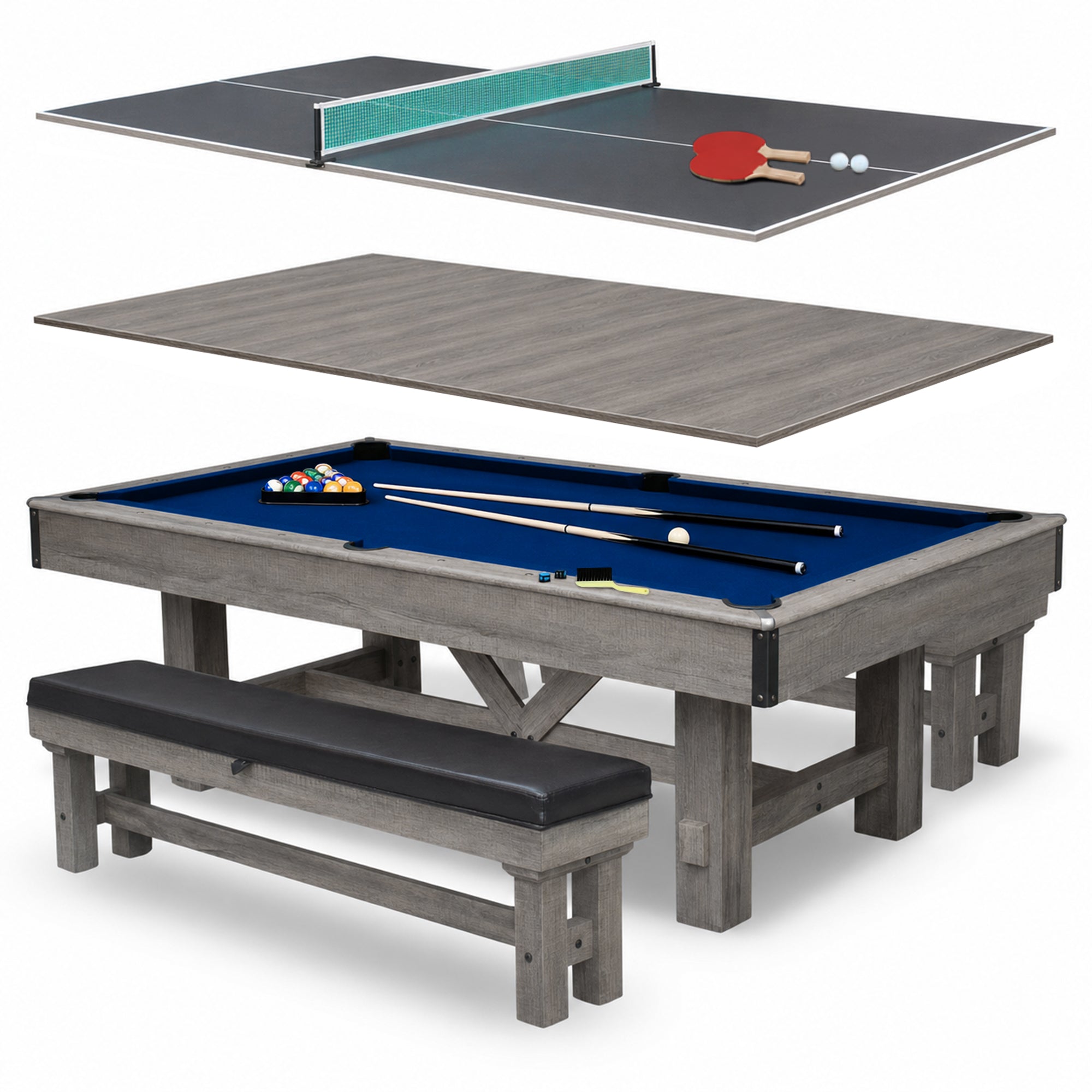 Logan 7-ft Pool Table Combo Set with Benches - Rustic Gray with Blue Felt