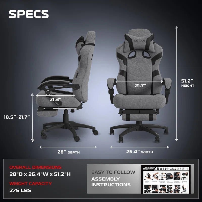 110 Pro Gaming Chair - Gaming Chair with Footrest, Reclining Gaming Chair, Video Gaming Computer Desk Chair, Adjustable Desk Chair, Gaming Chairs for Adults with Headrest Pillow - Grey Fabric