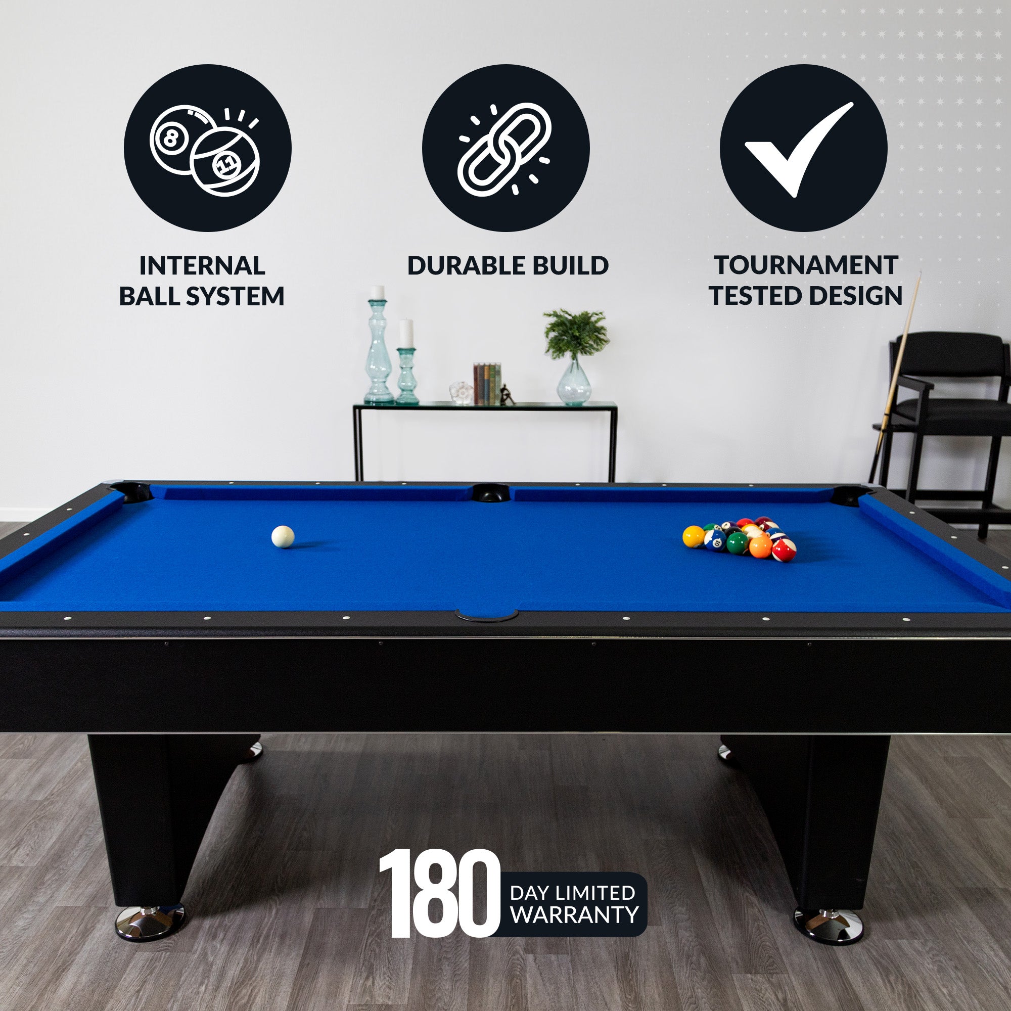 Hustler 7-ft Pool Table with Ball Return - Black with Blue Felt