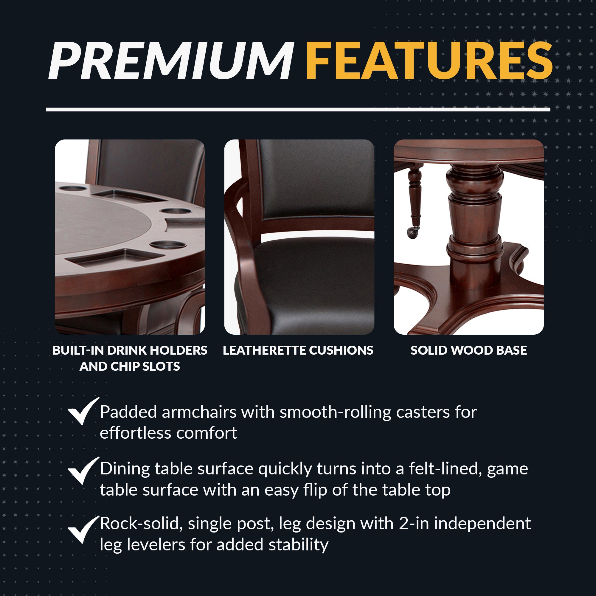 Bridgeport 48-in Poker Table and Dining Top with 4 Arm Chairs - Walnut Finish
