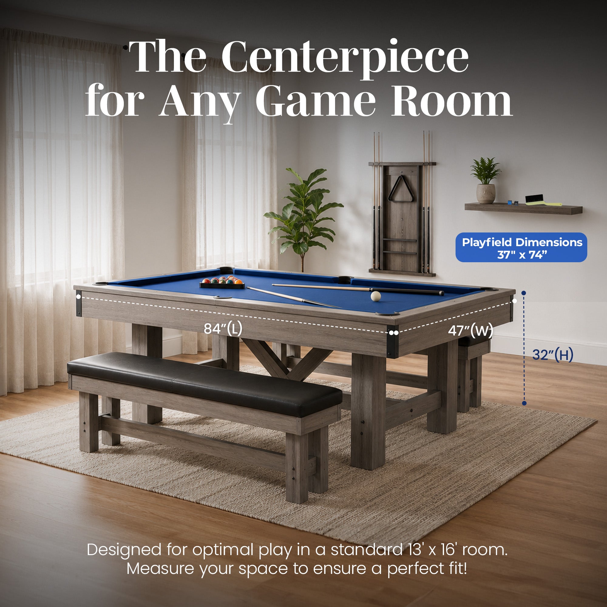 Logan 7-ft Pool Table Combo Set with Benches - Rustic Gray with Blue Felt