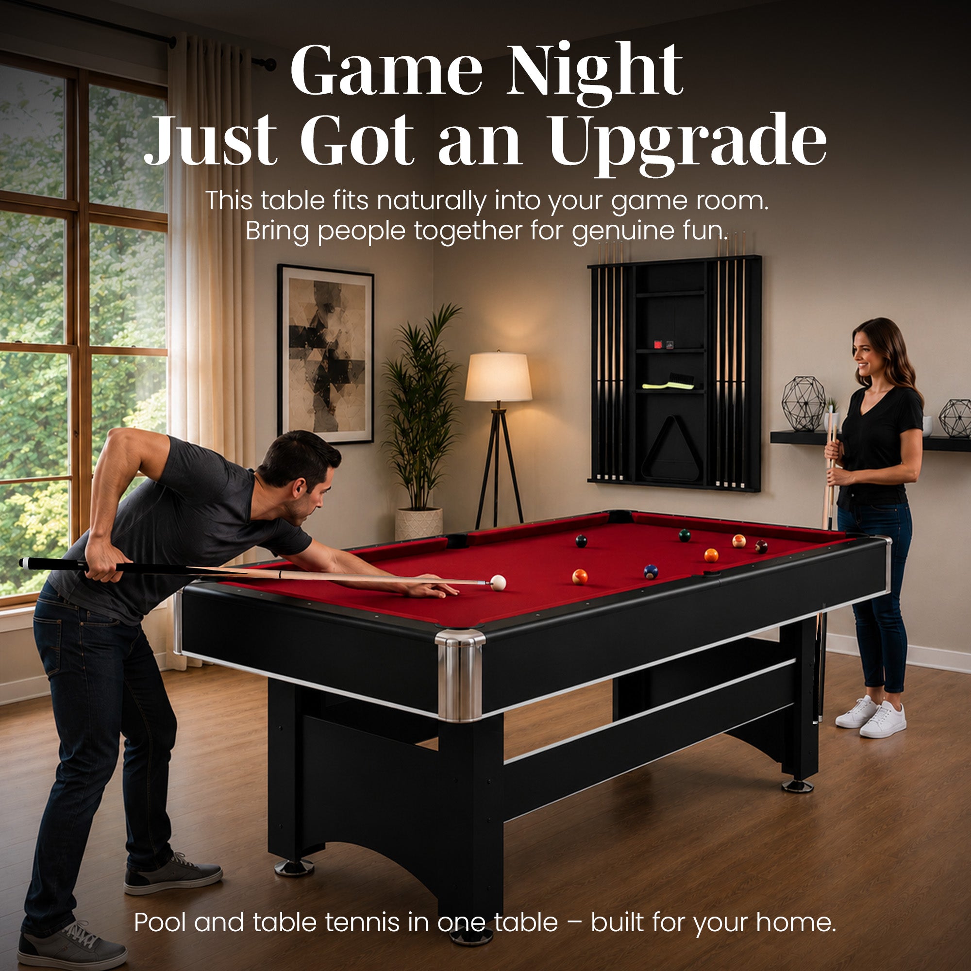 Spartan 6-ft Pool Table with Table Tennis Top - Black with Red Felt