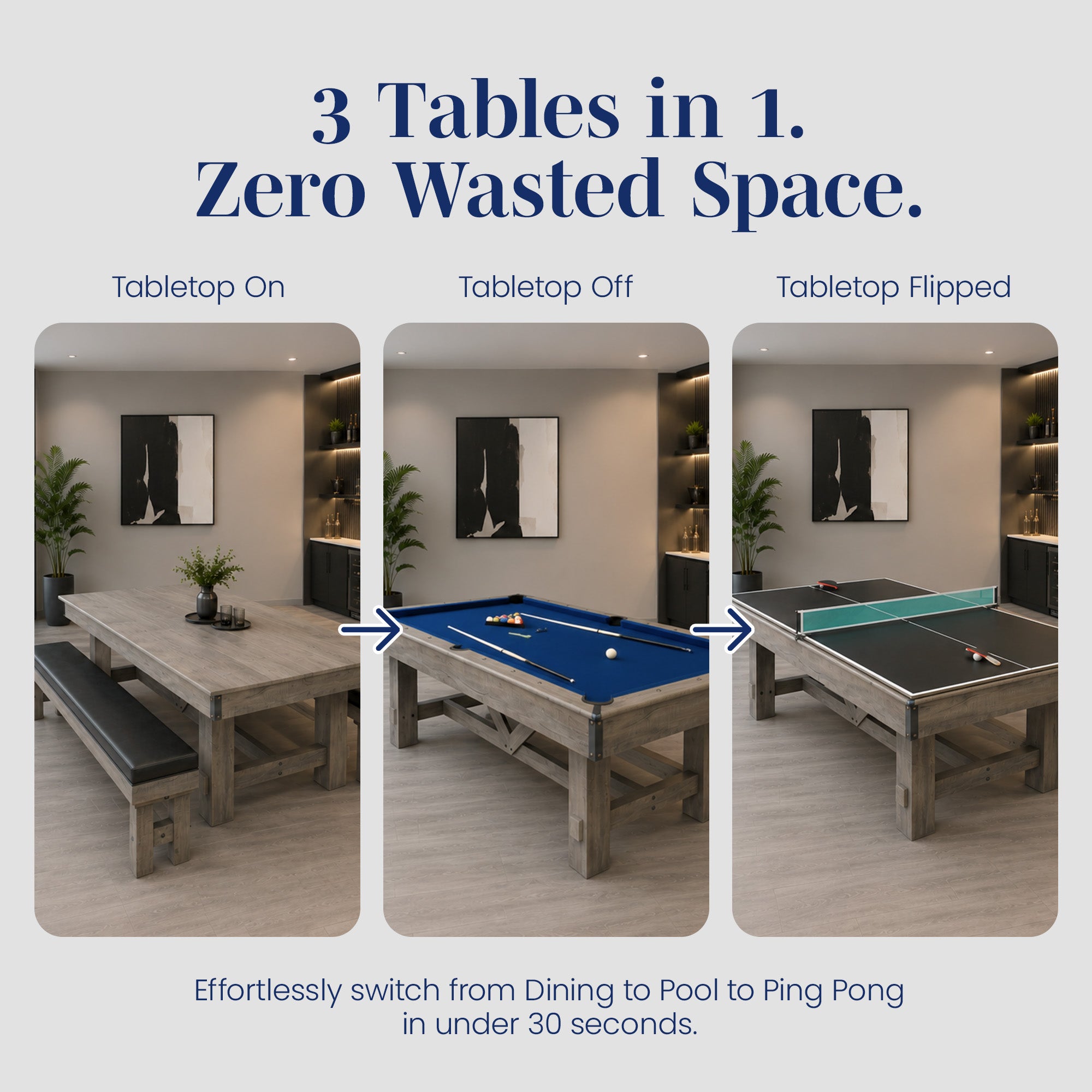 Logan 7-ft Pool Table Combo Set with Benches - Rustic Gray with Blue Felt