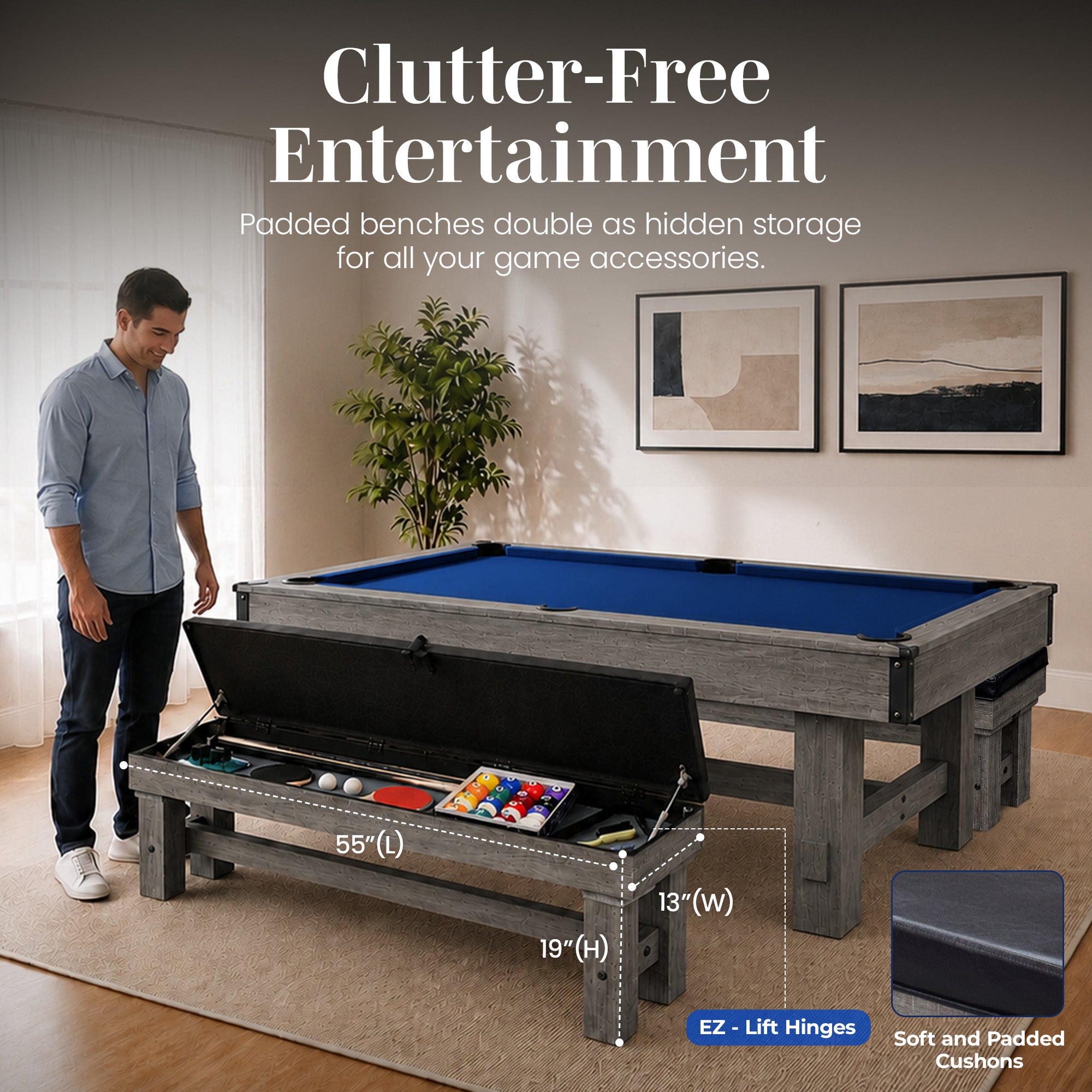 Logan 7-ft Pool Table Combo Set with Benches - Rustic Gray with Blue Felt