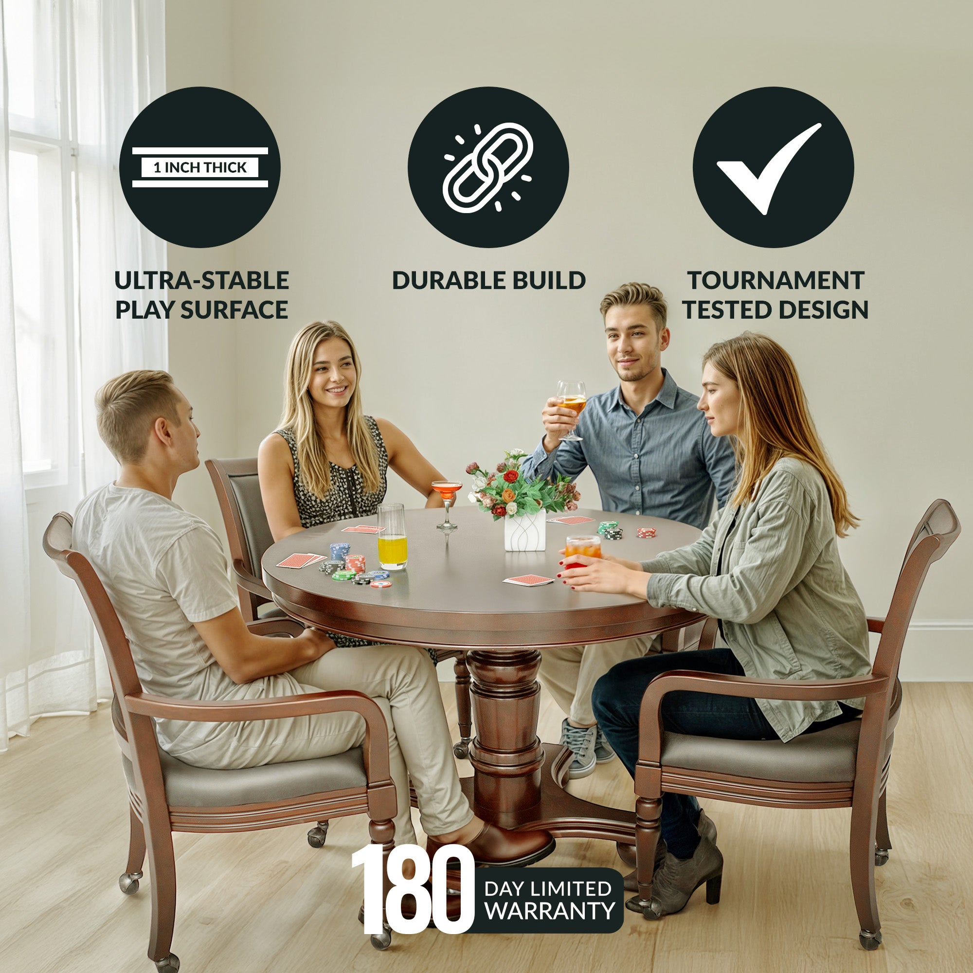 Bridgeport 48-in Poker Table and Dining Top with 4 Arm Chairs - Walnut Finish
